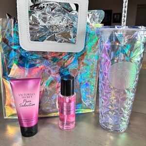 Victoria's Secret Pure Seduction Set with Starbucks Tumbler and Iridescent bag